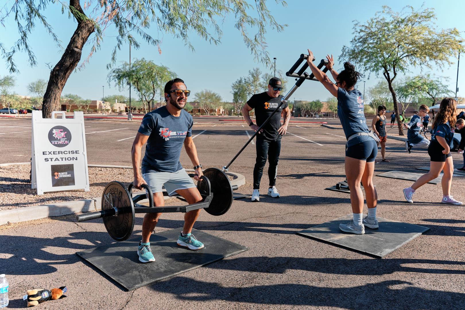 Runners stop at exercise stations