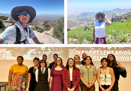 Selfie of student posing with the desert background. Photo of student posing in front of the desert mountains. Group photo of the entire group of students.