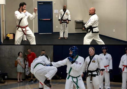 Photo 1: Zachary Kovach faces opponent in fight stance. Photo 2: Zachary Kovach punching opponent during match. Opponent is jumping up mid-kick.