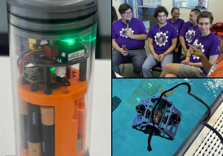 Photo 1: ROV battery. Photo 2: ROV team huddle Photo 3: ROV in pool