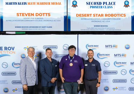 Photo 1: Martin Klein Mate Mariner Medal certificate. Photo 2: Desert Start Robotics 2nd Place team certificate. Photo 3: EMCC ROV Team member